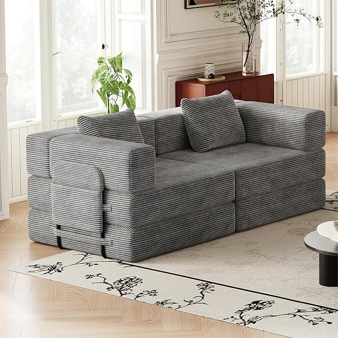 KEIKI 72.4'' Convertible Sofa Bed 2 Seat Corduroy Fabric Sofa with Two Side Storage Pockets and Two Cushions Comfortable Folding Sleeper Carpeted Couch for Living Room Bedroom and Study Grey