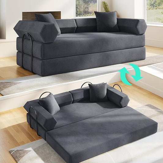 79'' Convertible Sofa Bed 5-in-1 Folding Sleeper Couch with Pull Out Bed Corduroy Modular Floor Sofa No Assembly Space Saving Guest Bed for Living Room Apartment Bedroom (Dark Gray1) | Convertible