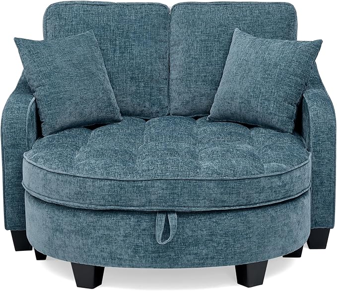 DEINPPA Oversized Accent Sofa Chair with Storage Ottoman Chenille Upholstered Comfy Chair with Throw Pillows for Living Room Reading Room Bedroom-Blue