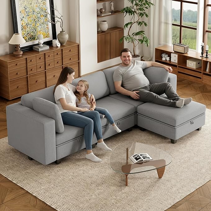 Modular Sectional Sofa Oversized L Shaped Sectional Couch with Storage Ottoman Modular Couch with Deep Seat Comfy Convertible Sectional Couches for Living Room and Apartment Light Grey