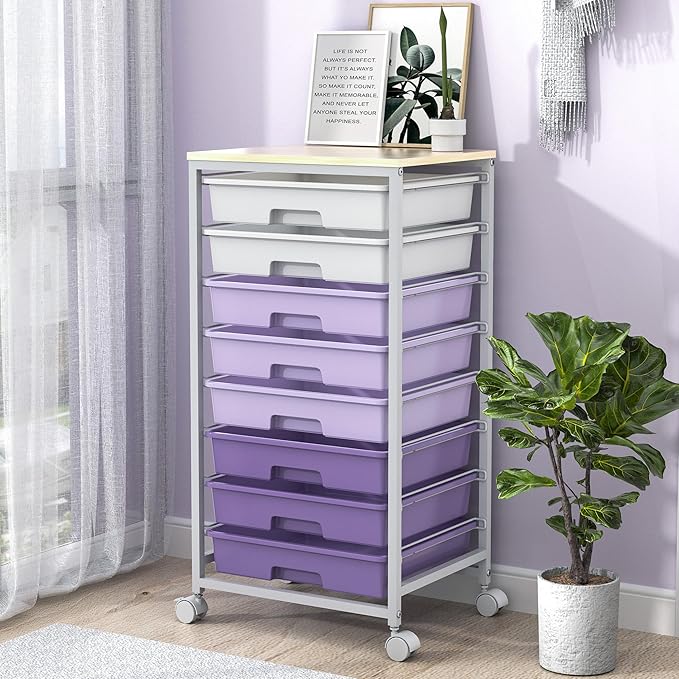 Rolling Cart with DrawersUtility Cart With 8 Drawers and Wooden Tabletop for Living RoomClassroomBedroomBathroomDormOfficePurple