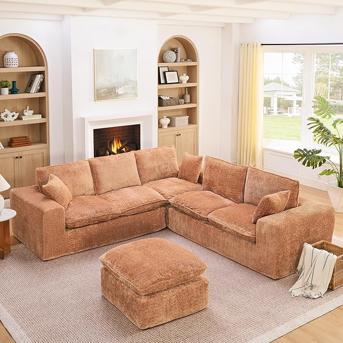 L-Shaped Boneless Modular Sectional Cloud Couches 6 Seat Modular Boucle Floor Foam Boneless Sofa Couch with Ottoman Headrest Pillows and Removable Cushions