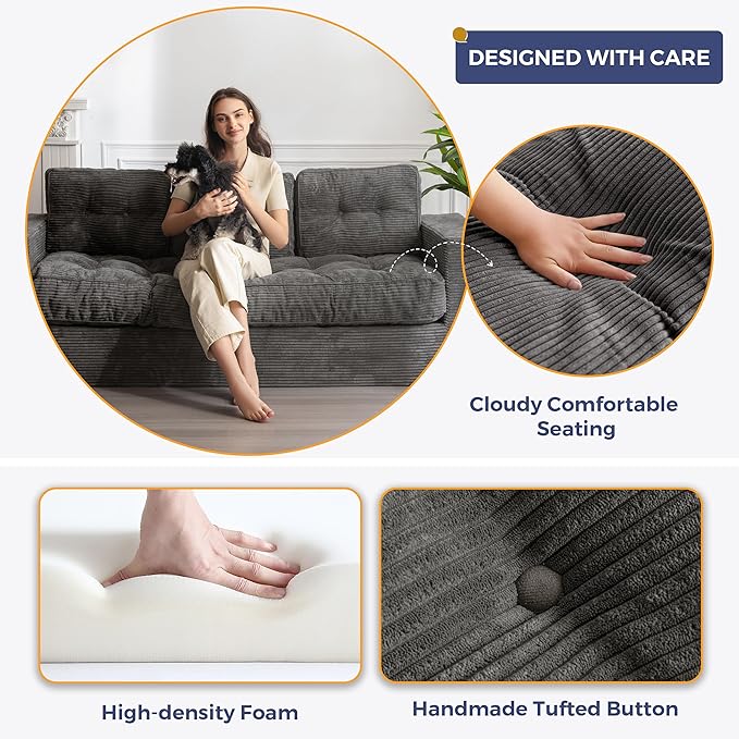 MAXYOYO 3 Seater Couch for Living Room Boneless Couch with Tufted Cushion &amp Backrest Upholstered Floor Sofa with Armrests Sofa in A Box No Assembly Required Dark Grey