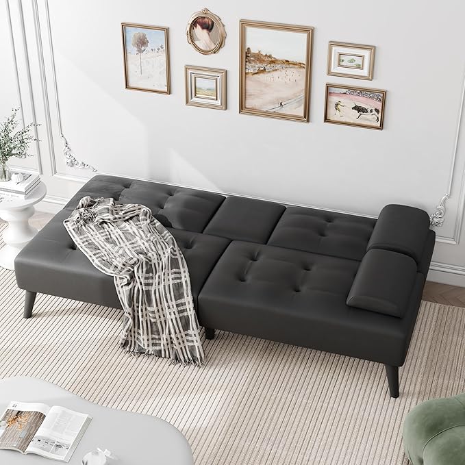 JAMFLY Futon Sofa Bed 64 Small Futon Couch with Adjustable Backrest 3-Angle Recliner Detachable Armrests with Cup Holders for Small Spaces Living Room Apartment Study Room (Black Leather)