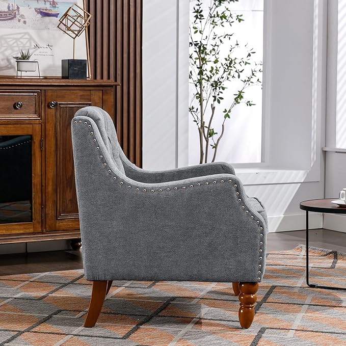 Grey Accent Chair Living Room Chair Footrest Chair Set with Vintage Brass Studs Button Tufted Upholstered Armchair for Living Room Comfy Reading Chair for Bedroom Reception Room