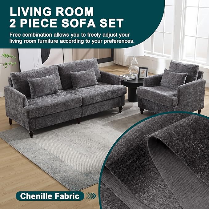 QQU Modern Upholstered Armchair Chenille Fabric Single Armchair with Cushions Living Room Lounge Chair Reading Chair with Solid Wood Frame Suitable for Bedroom Reception RoomGrey