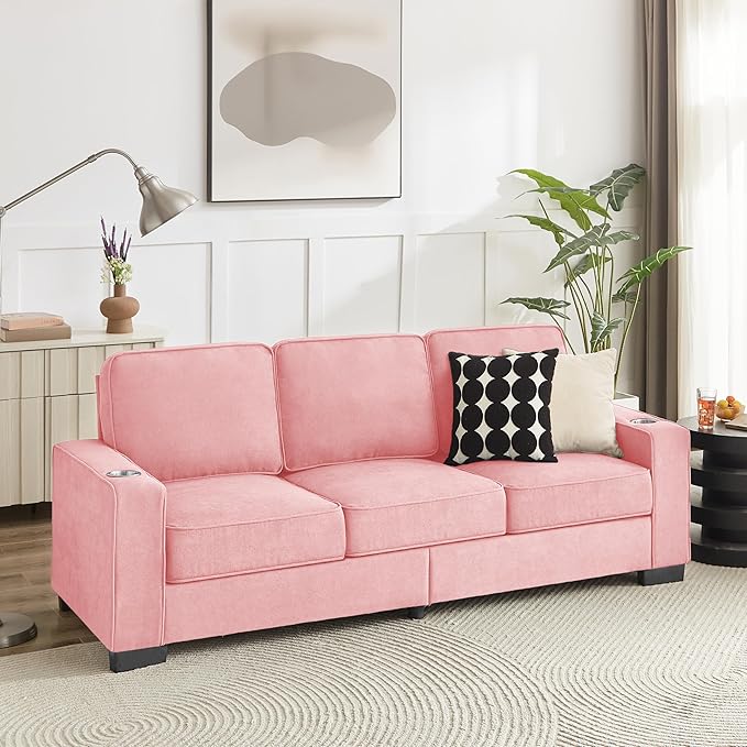 Aoowow 83.86” Modern 3-Seater Sofa Couch Upholstered Snowfleece Fabric Couches Comfy Sofas with 2 Cup Holders for Living Room Apartment OfficePink-Velvet