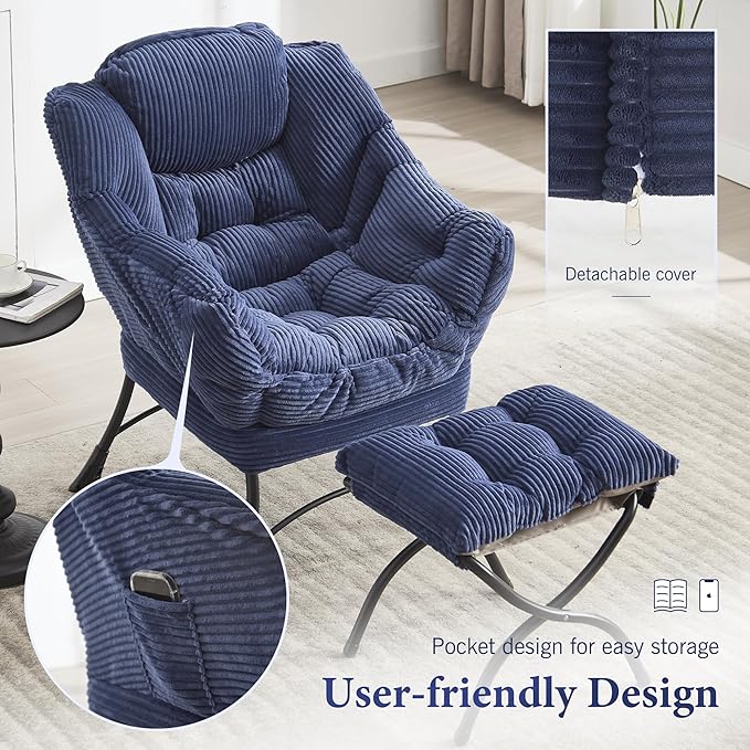 HOMEFUN Lazy Chair with Ottoman Bedroom Chairs for Adults Modern Lounge Accent Chair with Armrests Ergonomic Footrest for Small Spaces Comfy Reading Chair for Living Room Bedroom Office Navy