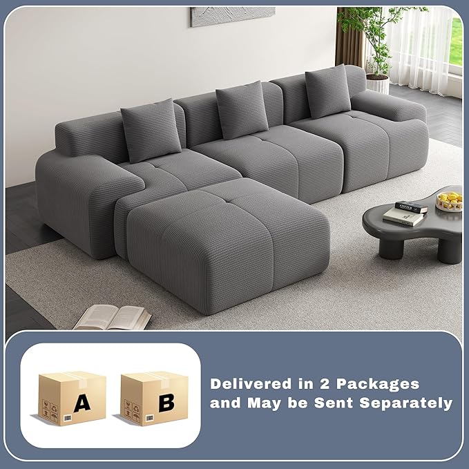 120 Cloud Modular Sectional CouchBoneless SofaL-Shape Upholstered Sofas with Deep SeatModern Cozy Corduroy Couches with Memory FoamNo Assembly Required for Living Room(Dark Grey)