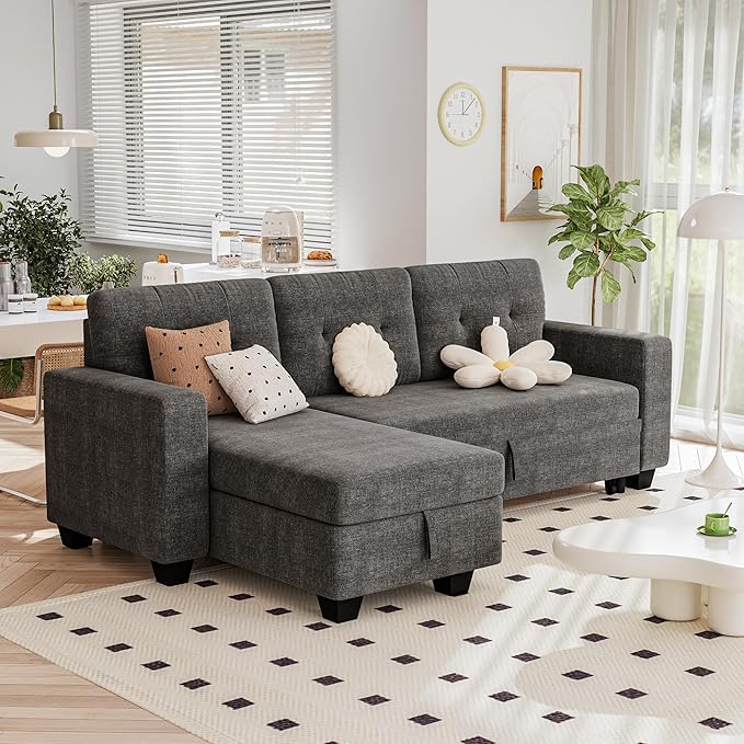 Homall Sleeper Sofa Bed Couch with Pullout Bed and Reversible Storage Chaise L Shaped Sofas for Apartment Small Space (Linen Fabric Dark Grey)