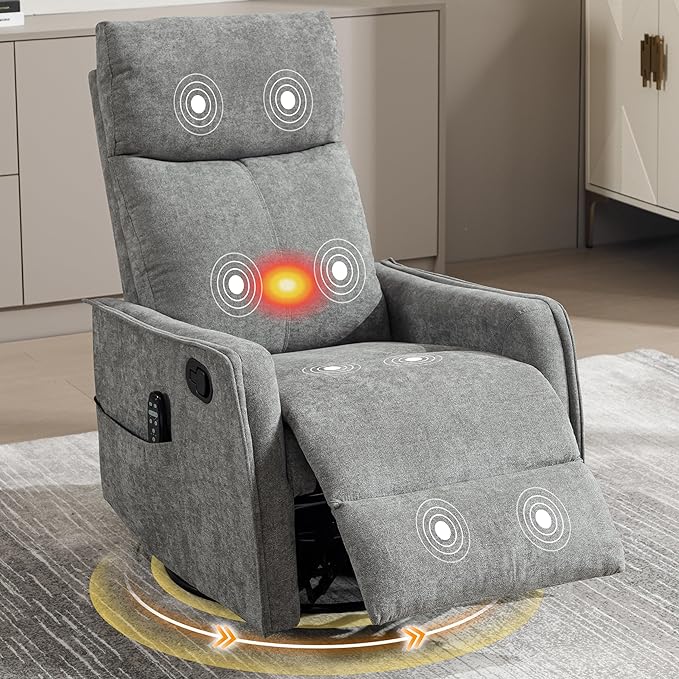 Manual 360° Swivel Rocker Recliner Chair for Adults Overstuffed Glider Chair for Nursery with Vibration Massage &amp Heat Comfy Soft Fabric Recliner Chair with Side Pockets for Living Room Light G