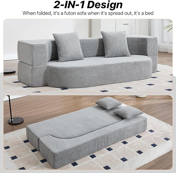 Folding Sofa Bed Convertible Futon Sleeper Bed 2-in-1 Foldable Floor Mattress with 2 Pillows Breathable High-Density Foam Lazy Couch Twin Size Comfy Lounge Chair Light Gray