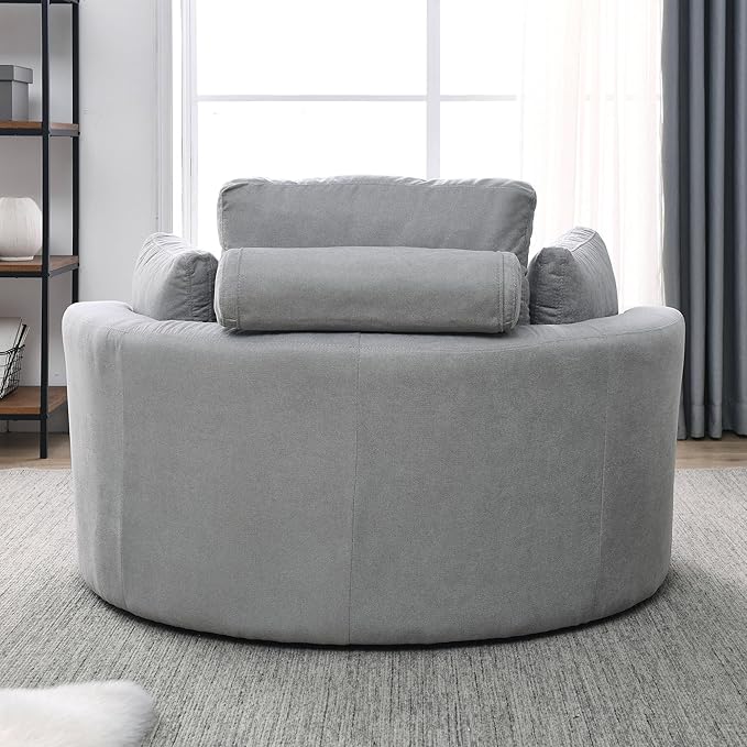 Oversized Swivel Accent Round Chair Modern Upholstered Sofa with Pillows Cozy Leisure Chair for Living Room Bedroom Home Office Club (Linen Light Gray)