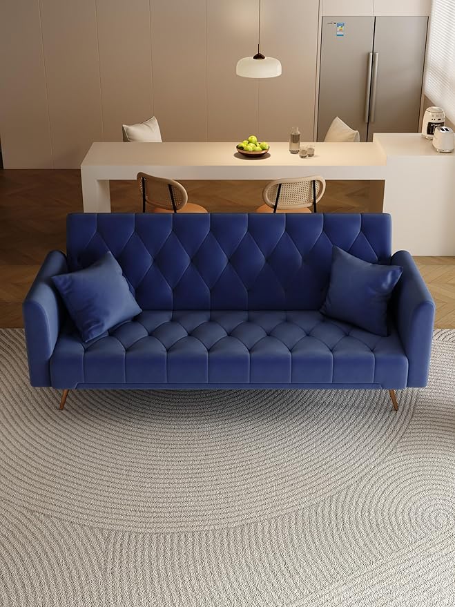 71 Convertible Velvet Futon Sofa Bed Loveseat with Multiple Adjustable BackrestsModern Sleeper Couch with Golden Metal Legs for Living RoomApartmentOfficeBlue