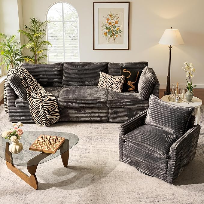 ovios Sectional Cloud Couch Sofa with Swivel Chair Comfy Deep Seat Modular Convertible Couches Modern Plush Corduroy Sofas Set for Living Room 4-Seater Grey