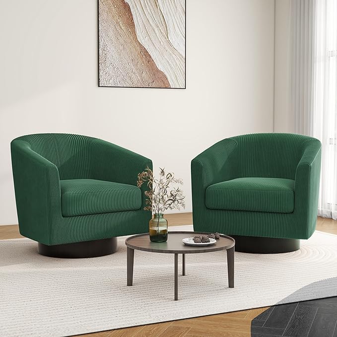 Swivel Barrel Accent Chair Modern Round Corduroy Fabric Arm Chair for Living Room Bedroom Comfy Club Reading Chairs for Adults (Corduroy Dark Green Set of 1)