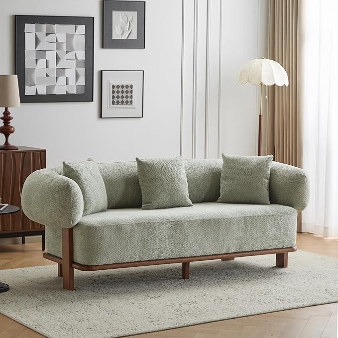 Christopher Knight Home Yule Living Room Wooden 3-Seater SofaBoucle Fabric Upholstered Lounge Sofa CouchHome Office/Bedroom Sofa Chair with Accent PillowComfy Reading Cloud SofaLight Green + Brown