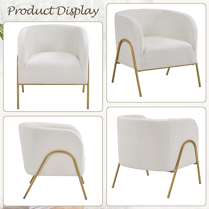 Yaheetech Accent Chair Set of 2 Armchair Set Side Chairs for Living Room Boucle Fabric Vanity Chairs with Gold Legs for Bedroom Office Reading Nook Ivory