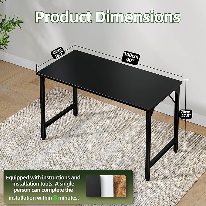Grandder 40 inch Computer Desk Small Home Office Desk Study Writing Kid Table Simple PC Gaming Desk Adjustable Feet Black