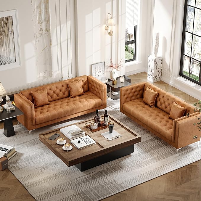 HIFIT 79 W Brown Faux Leather Sofa Couch with 2 Pillows 3 Seater Couches for Living Room Handmade Button Tufted Cushions and Metal Legs Modern Leather Sofa for Apartment Office