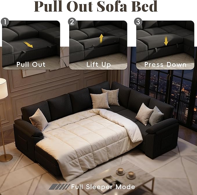 108 Inch Sectional Sleeper Sofa Bed with Pull Out Couch U Shaped 7 Seat Cloud Modular Sectional Sofa with Storage Corduroy Sectional Couches for Living Room Removable Sofa Cover Black