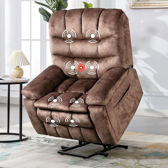 Bonzy Home Power Lift Recliner Chair for Elderly Electric Lift Chair with Massage &amp Heat Upholstered Single Sofa with 2 Hidden Cup Holders USB Charge Port Side Pockets for Living Room Dark Br