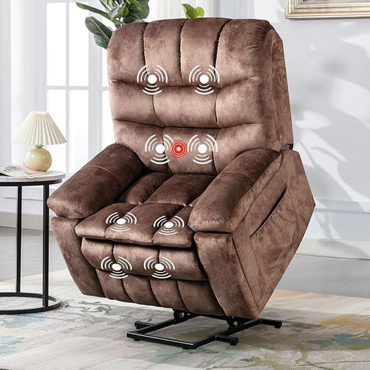 Bonzy Home Power Lift Recliner Chair for Elderly Electric Lift Chair with Massage &amp Heat Upholstered Single Sofa with 2 Hidden Cup Holders USB Charge Port Side Pockets for Living Room Dark Br