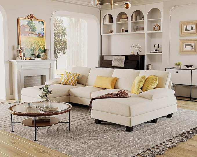 Furmax Sectional Couches for Living Room U-Shaped Sofa Couch with Linen Fabric 4 Seat Sofa Set with Double Chaise for Apartment (Fabric White)