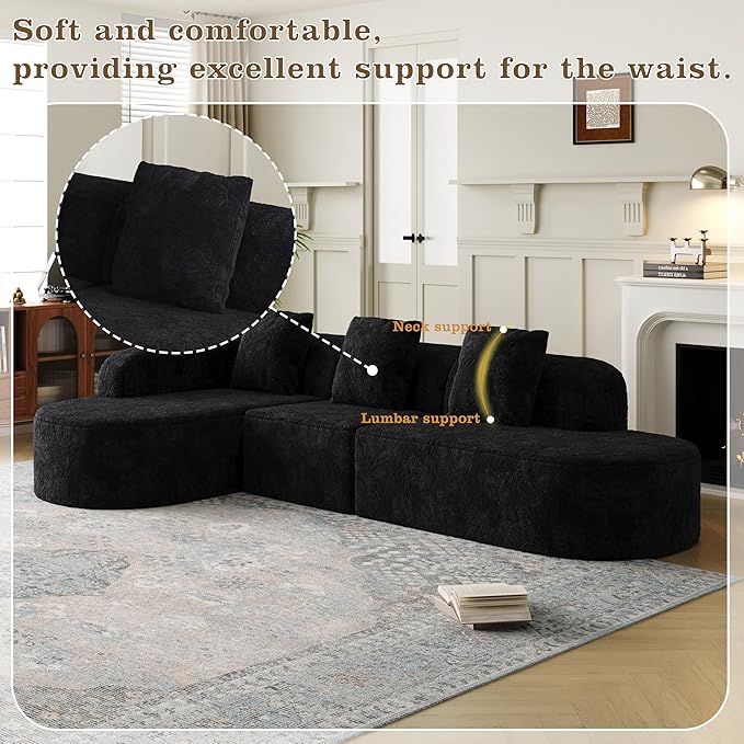 111.8' Curved Sectional Cloud Sofa Modern L Shaped Couch with Chaise &amp Pillows Comfy Upholstered Deep Seat Compression Boneless Sofa for Living Room Office No Assembly Required Left Facing Bl