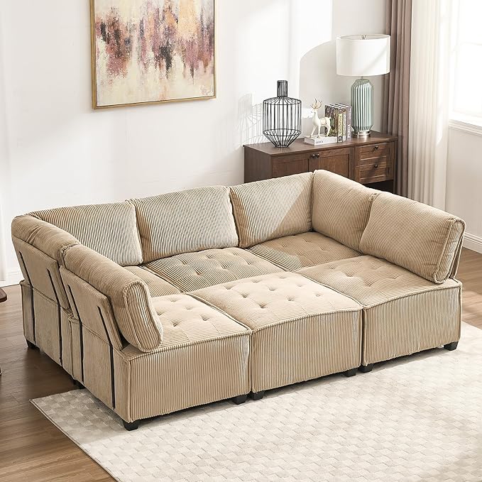 121 U Shaped Modular Sectional Sofa Couch 6 Seat Convertible Upholstered Deep Seat Sleeper Sofa with Chaise Lounge Cloud Couch for Living Room Khaki