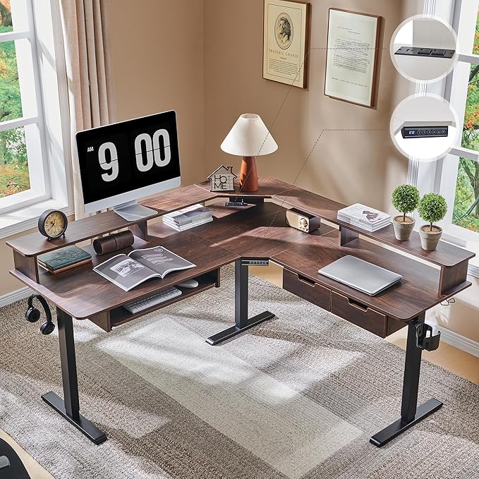 RedLemon 60 Inches L Shaped Electric Standing Desk Height Adjustable Corner Gaming Desk with Drawers Keyboard Tray Power Outlets &amp LED Lights Computer Desk with Monitor Shelf Dark Walnut