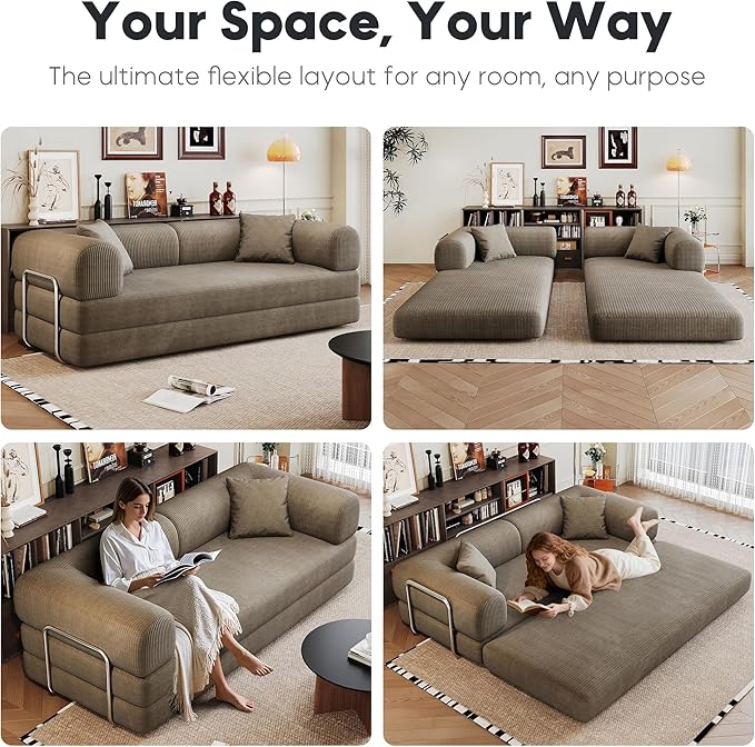 79 Convertible Sleeper Sofa Bed Modern Corduroy Floor Couch Bed with Silver Fixed-Shape Frame Modular Sofa Couch with Pull Out Bed Loveseat Sleeper Boneless Couches for Living Room Camel