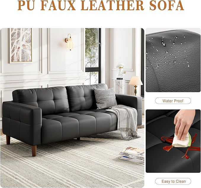 3-Seater Sofa Couch 83 in Wide Faux Leather Sofa Couch with Spring Cushion Modern Sofa with Deep Seats and 2 Removable Back Cushions for Living Room Bedroom Apartment Black