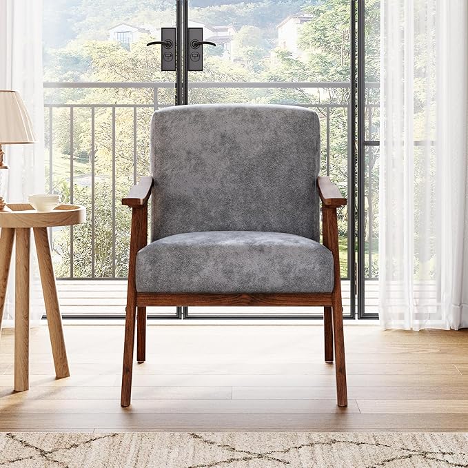 Mid Century Accent Chair Boho Farmhouse Accent Chairs for Living Room Retro Single Lounge Reading Armchair with Solid Wood Frame (Polyester Fabric in Grey)