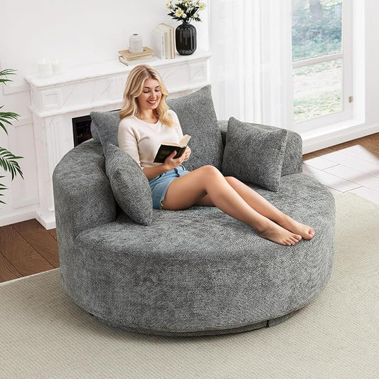 Oversized Round Swivel Chaise Longue Chair Indoor Modern 55-inch 360 Degree Swivel Upholstered Waffle Chenille Deep Seat Circle Single Cloud Sofa Chair for Living Room Bedroom Apartment Office Grey