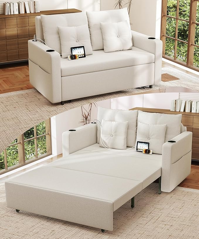 3 in 1 Pull Out Couch 56 Inch Convertible Sleeper Sofa Bed Loveseat with Cup Holders Storage Pockets USB Sofa Couches for Living Room Bedroom Apartment Beige