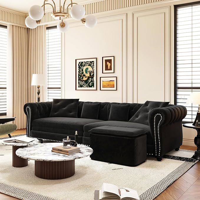 3-in-1 Convertible Sleeper Sofa Bed with Storage Ottoman King Size Velvet Tufted Chesterfield Sofa for Living Room Apartment Guest Room (Black)
