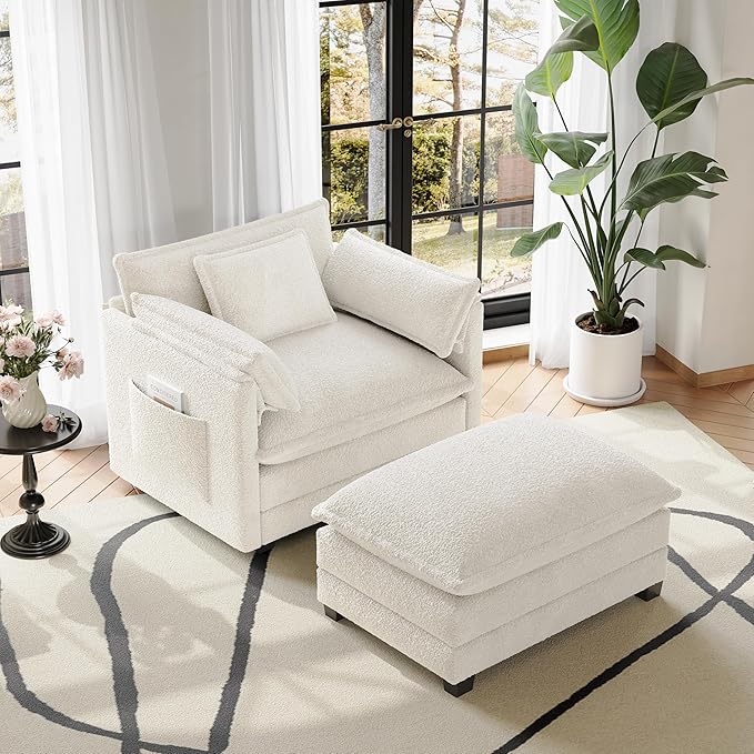 Accent Chair Comfy Oversized Sofa Sleeper Chair with Ottoman Modern Deep Seat Single Sofa Couch for Living Room Bedroom Study Balcony (Chenille Beige)