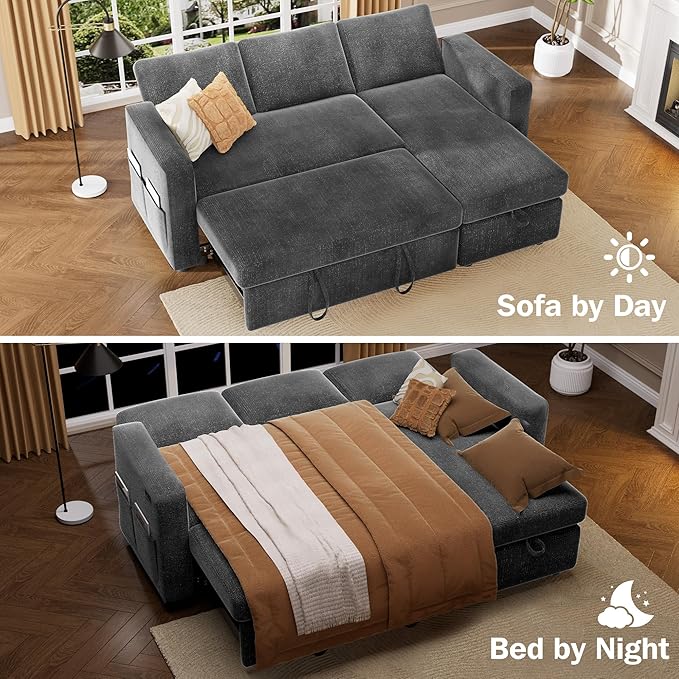 Vipbear 82 Sectional Sleeper Sofa with Pull Out Bed L Shaped Couch Sleeper Sofa Bed Pull Out Couch with Reclining Backrest Reversible Storage Chaise USB Ports Tool-Free Assembly Chenille Grey