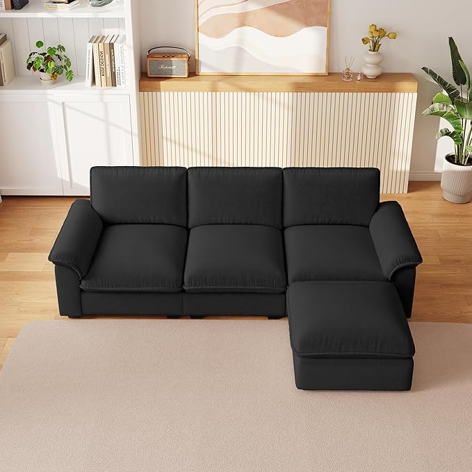 KEIKI 102 3Seat Modular Sectional Velvet Sofa Couch with Chaise Memory Foam for Urban Loft Small Space Style Conscious Urban Professionals Warm Inviting Comfy Supportive Premium Design Black