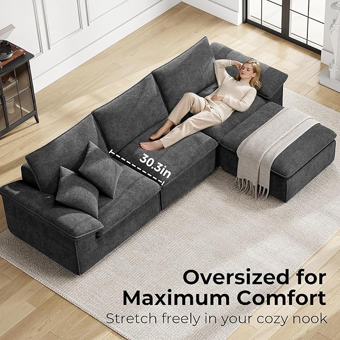 LIKIMIO 120 L-Shaped Modular Sectional Sofa Cloud Sectional Couch with Deep Seat Comfy Teddy Upholstery Oversized 3-Seater with Ottoman Boneless Couch for Living Room No Assembly Dark Grey