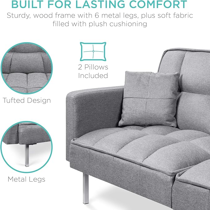 Best Choice Products Convertible Linen Fabric Tufted Split-Back Plush Futon Sofa Furniture for Living Room Apartment Bonus Room Overnight Guests w/ 2 Pillows Wood Frame Metal Legs - Dark Gray