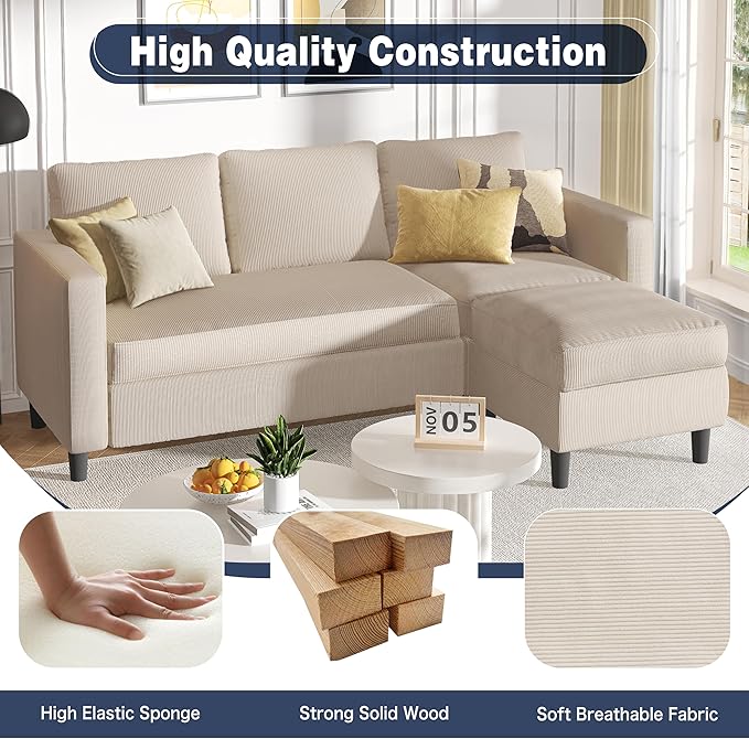Shintenchi Small Sectional Sofa CouchesL Shape Convertible Sofa with Ottoman3 Seat Comfy Corduroy Upholstered Sofa CouchSmall Couch for ApartmentLiving Room and Office(Beige)