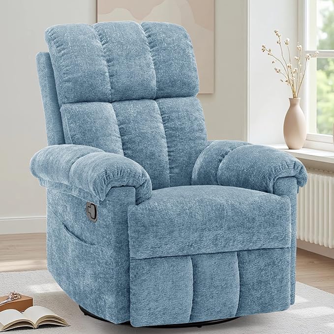 Recliner Chair Swivel Rocker Recliner Chair for Adults Small Recliners for Small Spaces Manual Recliner Chair with Side Pockets Nursery Rocking Chair for Living Room Chenille Airy Blue