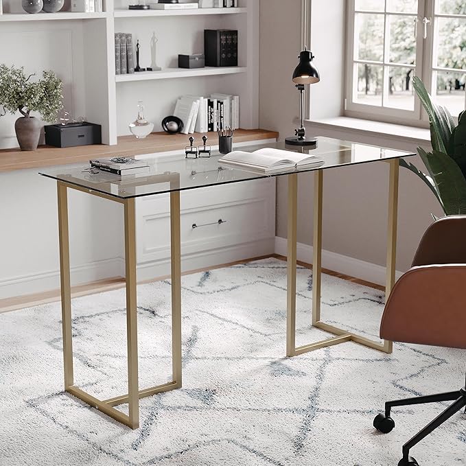 Martha Stewart Eli Home Office Desk with Glass Top and Steel Frame Polished Brass