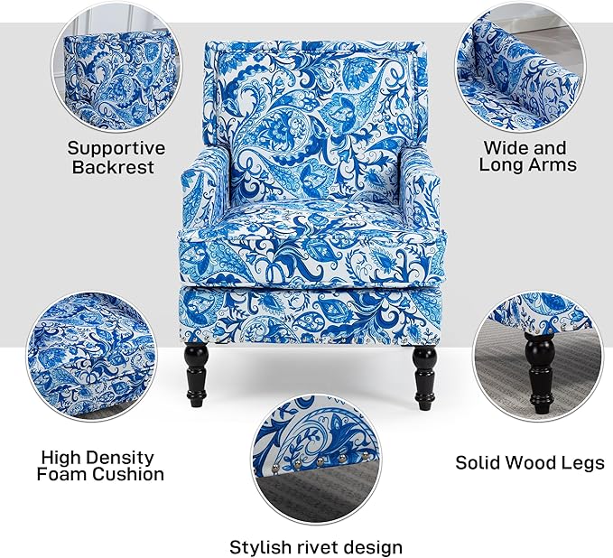 Accent Chair Modern Comfy Mid-Century Anthropologie Accent Chairs Linen Upholstered Wingback Lounge Arm Chair with Solid WoodSingle Floral Pattern Chair for Living Room/Balcony/Bedroom
