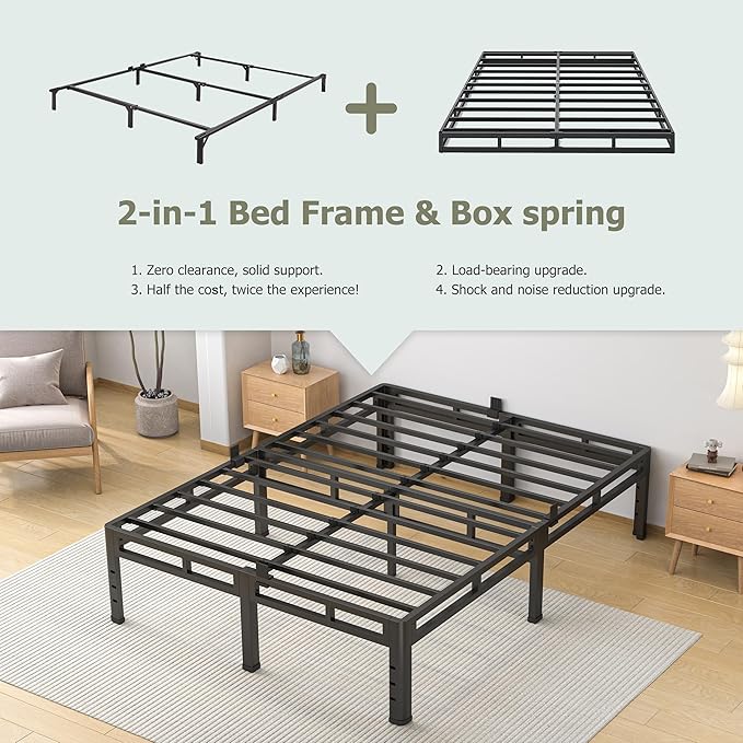 NKZ Queen Size Bed Frame 14 Inch Metal Bed Frame &amp Box Spring 2 in 1 Platform with Round Corner Legs 4000lbs Weight Capacity Reinforced Metal Frame Headboard Hole Noise-Free Easy Assembly