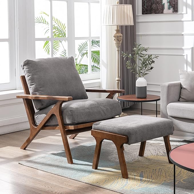 chairus Mid-Century Modern Accent Chair with Ottoman Comfy Upholstered Lounge Armchair with Removable Cushions &amp Solid Wood Frame Reading Chair for Living Room Bedroom Office Grey Denim Fabric