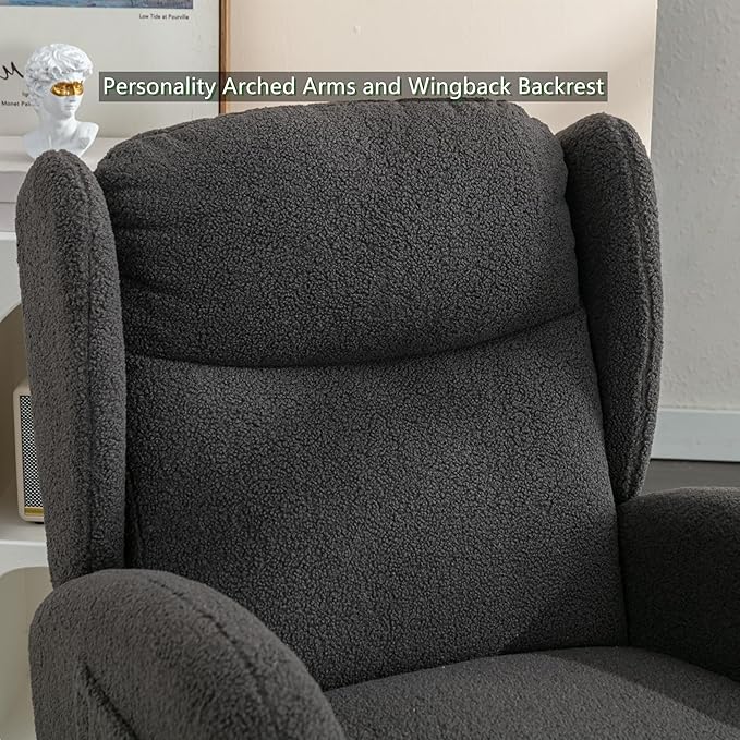 Setawix Teddy Rocking Glider Chair for NurseryUpholstered Living Room Rocker Arm ChairLeisure Sherpa Wingback ArmchairMid Century Modern Rocking Accent Chair with Side Pockets (Wingback Dark Grey)
