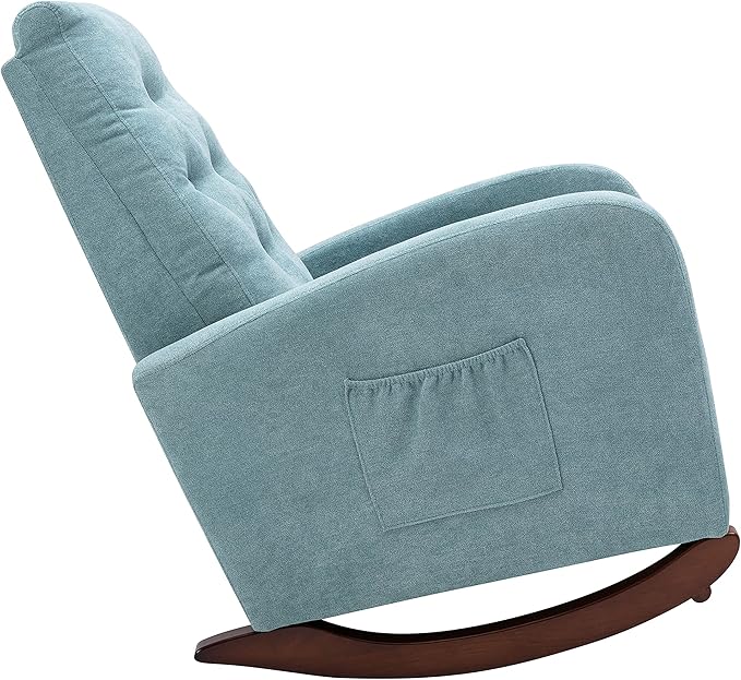 Cozy Linen Reclining Rocking Chair with Side Storage Pocket Comfortable Button Tufted Rocker Elegant and Functional Rocking Recliner Chair Ideal for Living Room &amp Nursery Mint Green